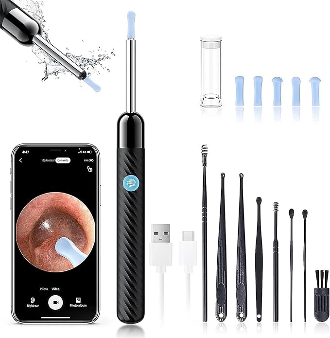 Ear Wax Removal Kit – Ear Cleaner with Camera & LED Light, 8-Piece Set with 6 Ear Spoons, Compatible with iOS & Android (Black)