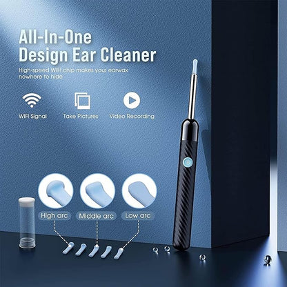 Ear Wax Removal Kit – Ear Cleaner with Camera & LED Light, 8-Piece Set with 6 Ear Spoons, Compatible with iOS & Android (Black)