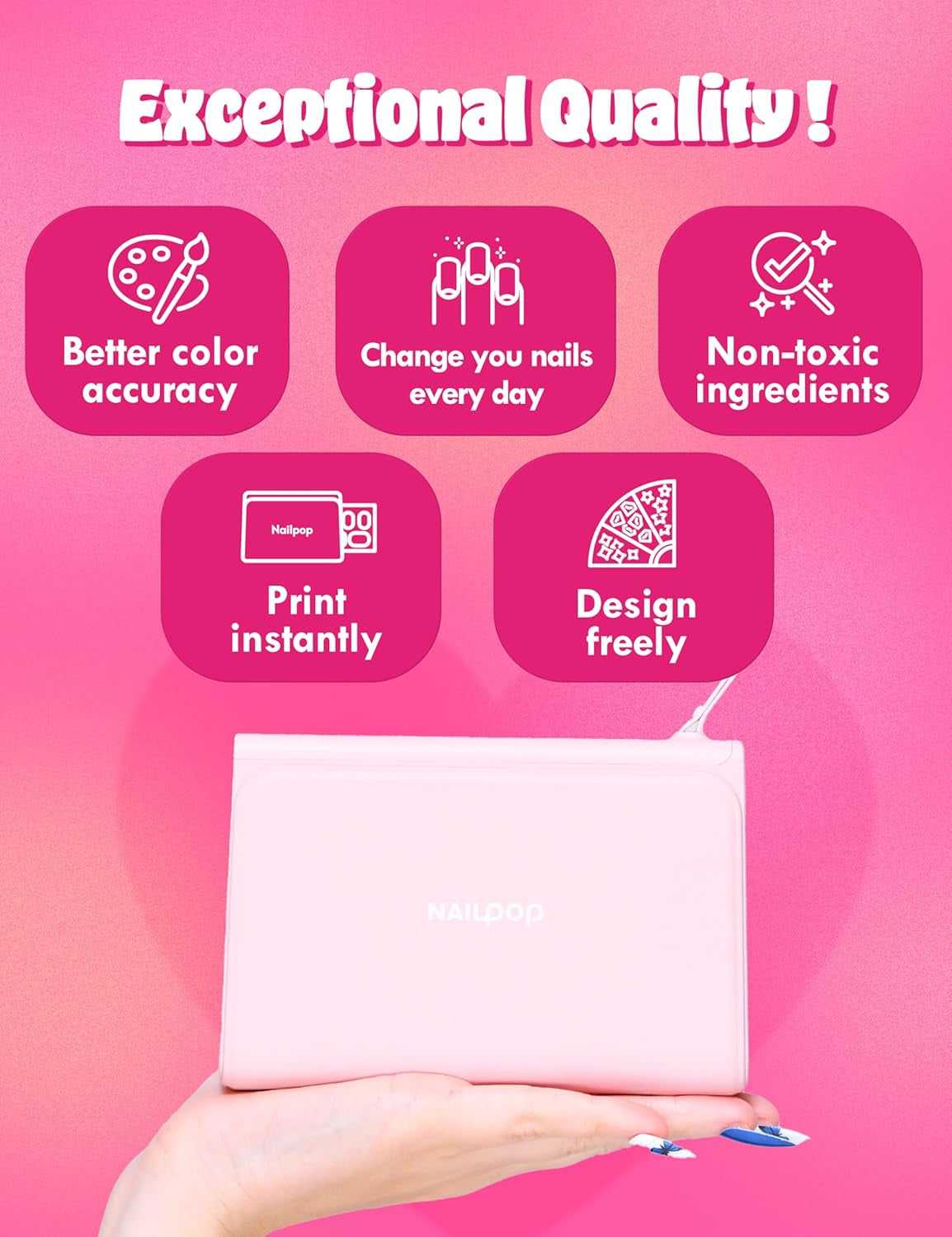 NAILPOP Nail Art Printer Machine - Digital Nail Design Machine Printer That Comes W/ 10 Sheets of Nail Sticker Paper | Wireless & Automatic Nail Art Machine | Limitless Design & Easy Navigation (PINK)